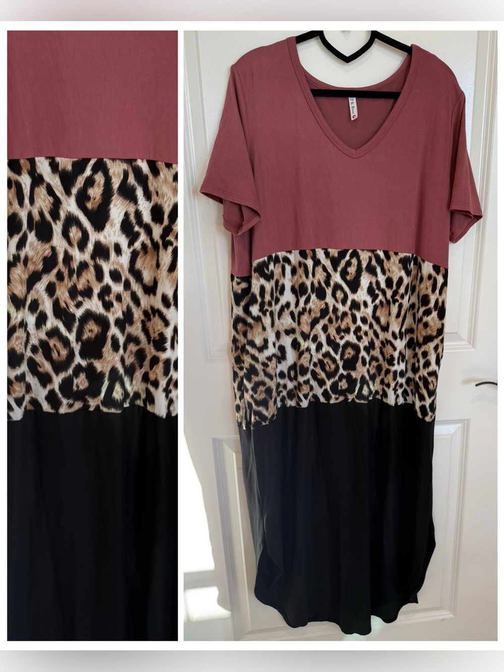 P & Rose- V-Neck Colorblock Leopard Print Maxi Dress - soft legging material